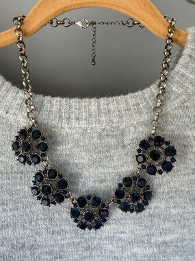 Dark Blue Crystal Floral Cluster Statement Necklace